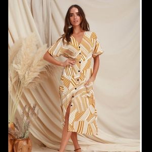 Patterned Mustard Yellow Button Up Midi Dress - S